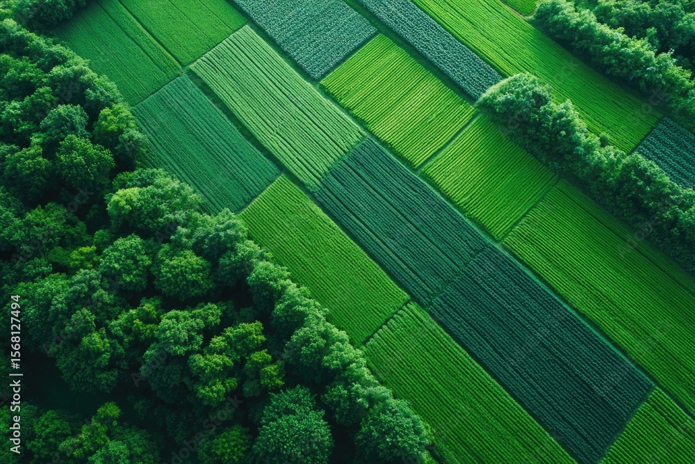 Aufkleber drone-captured aerial view of diverse mini-farms emphasizing minimalistic aesthetics and design arra