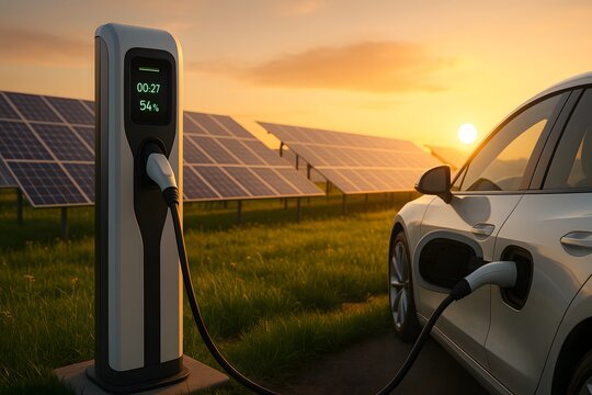 Electric Vehicle Charging Station with Solar Panels and Car at Sunset
