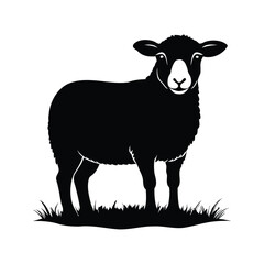 Black silhouette of a sheep standing in grass on a white background