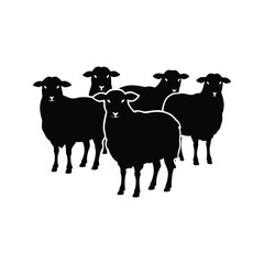 Silhouette of a Flock of Sheep Standing Together on a White Background