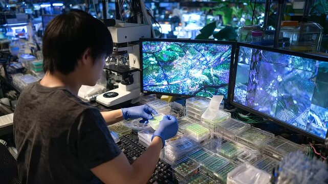 High-angle view of medical lab table covered in pipettes, sample trays, microscope, and glowing display monitors; scientist in gloves performs delicate tissue culture experiment.