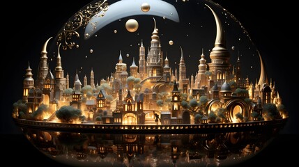 A stunning, golden cityscape encased in a glass sphere against a dark background, creating a magical and captivating scene.