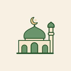 Simple green mosque icon with dome and minaret, ideal for Islamic banners, prayer time apps, Eid greetings, and religious web design