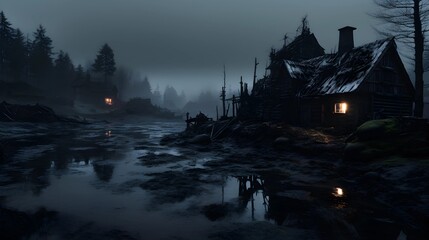 A haunting image of a dilapidated cabin in a foggy, eerie forest at dusk. The scene evokes a sense of desolation and mystery.
