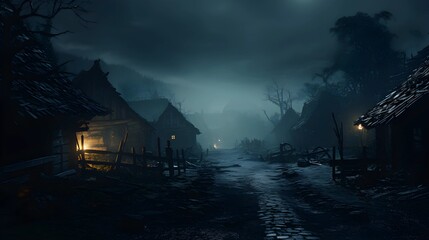 A haunting village scene under a dark, moonlit sky. Rustic houses line a cobbled street, creating a chilling atmosphere.