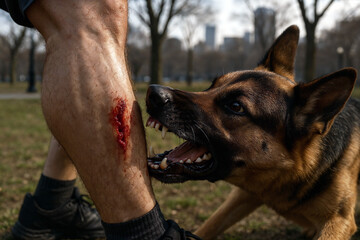 Concept Image of Dog Attack in Public Park. Aggressive German Shepherd Biting Human Leg with Visible Blood Wound Depicting Rabies Risk, Public Safety, and Animal Behavior Emergency

