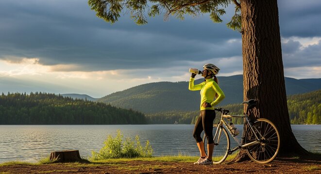 Woman Cyclist Taking a Break by a Lake in the Mountains
