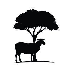 Silhouette of a sheep standing under a tree, nature illustration scenery