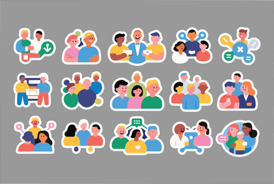 Diverse group of people in various social interactions and business scenarios depicted as flat design stickers on a gray background