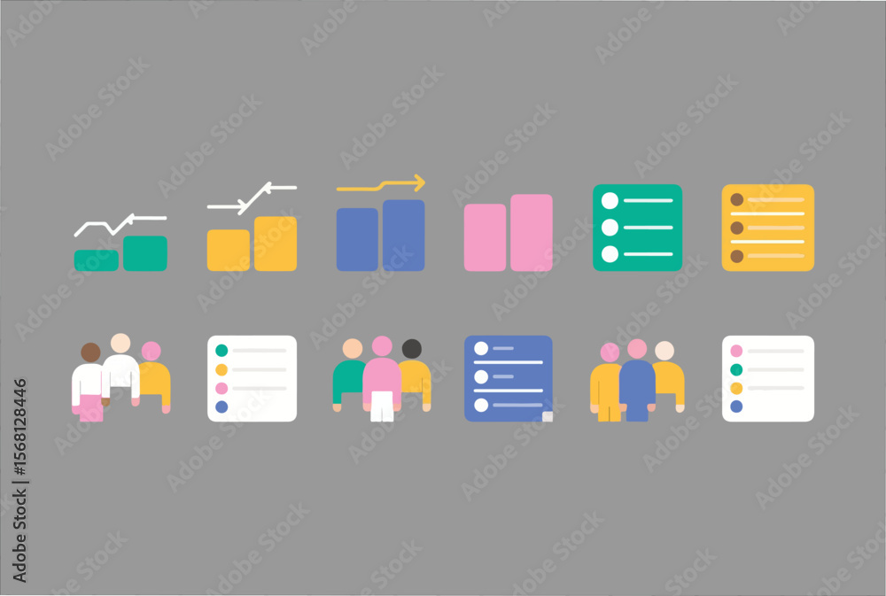 Poster collection of flat design icons representing business growth charts data analysis and diverse groups