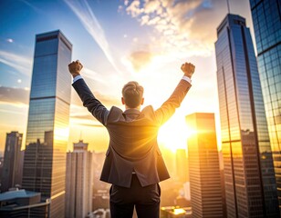 Naklejka na ściany i meble Businessman celebrating success in city