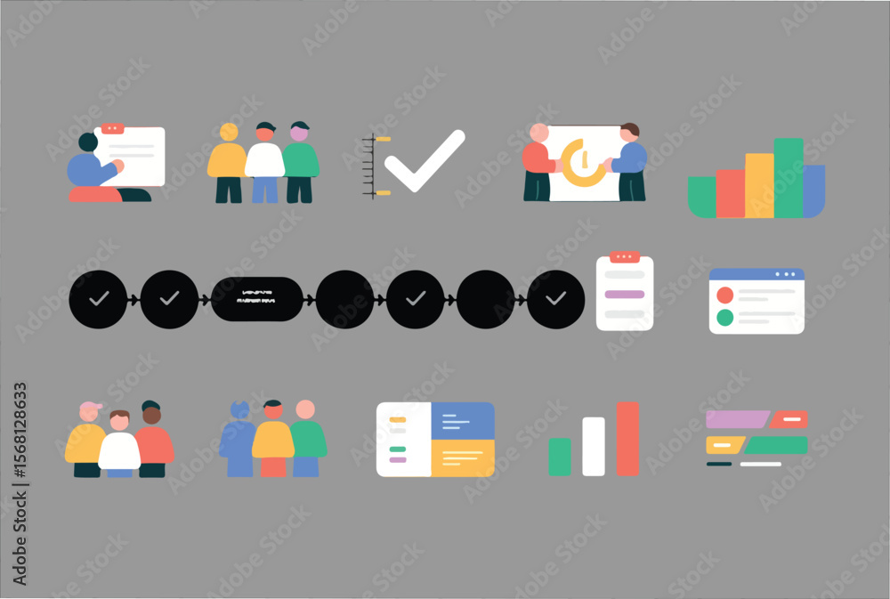 Poster collection of flat design icons and illustrations representing business concepts like teamwork progr