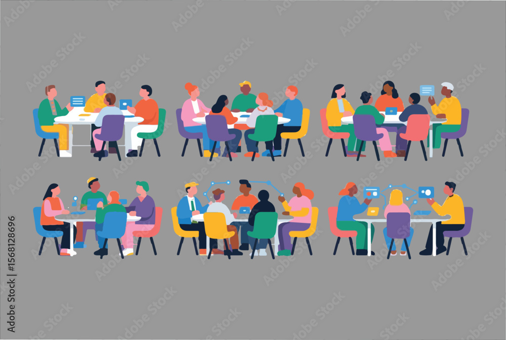 Poster diverse group of people collaborating around tables with laptops and tablets in a modern meeting roo