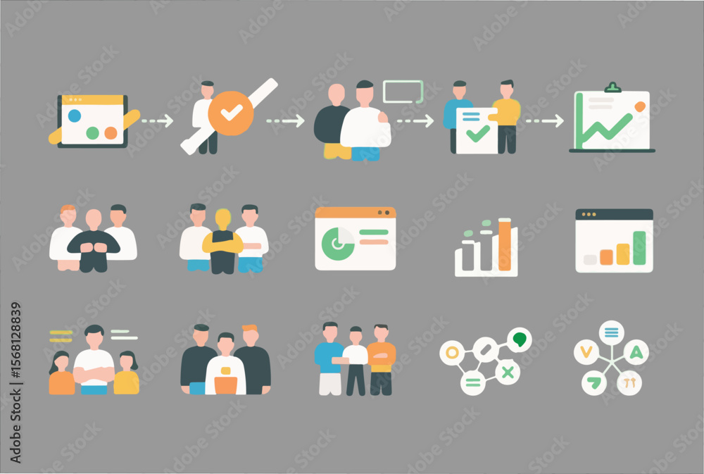Poster visualizing business processes and team collaboration with flat design icons representing data analy