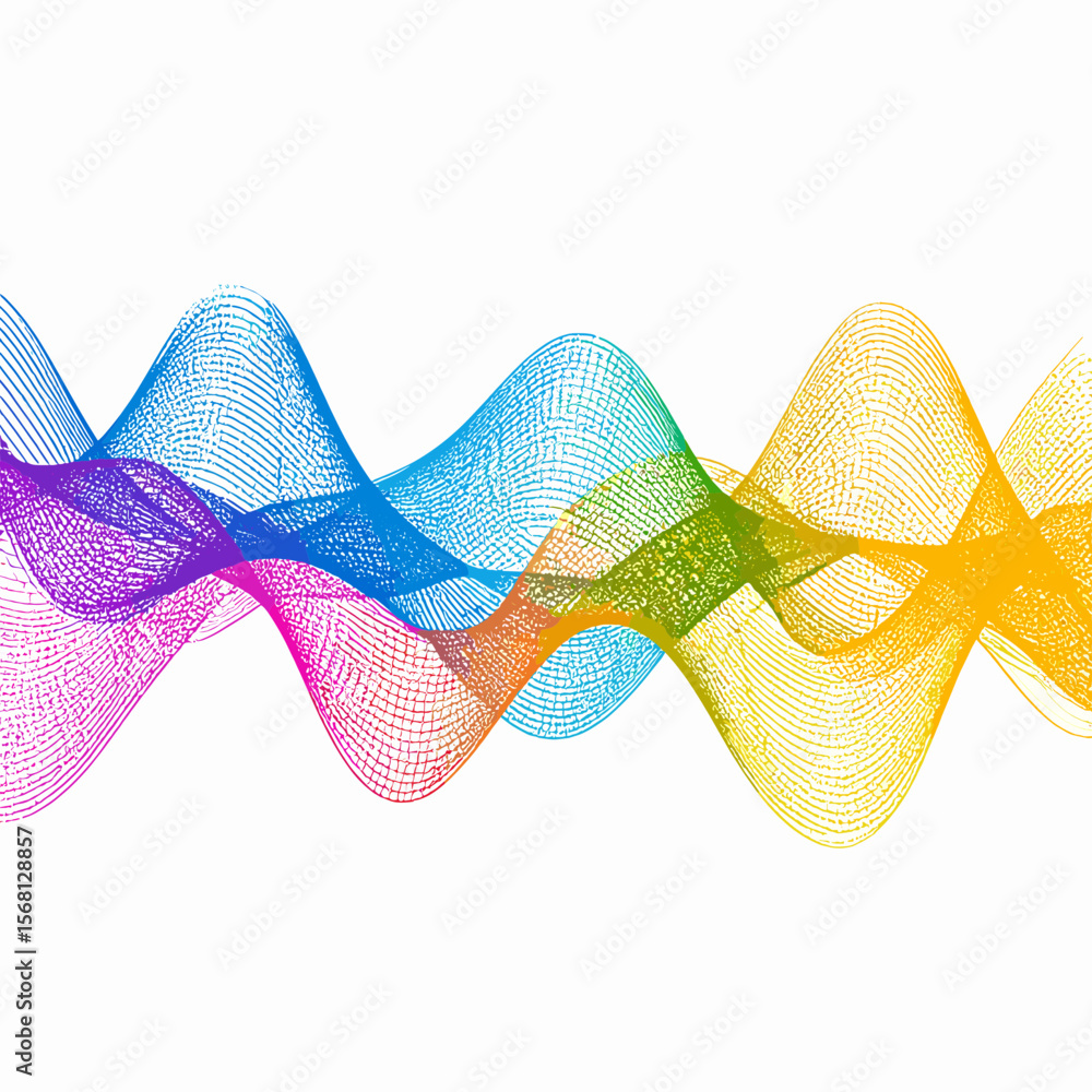 Poster vibrant abstract waveforms with multicolor dots on white background modern art