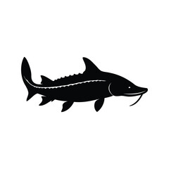 Simple black silhouette of an isolated sturgeon fish on a white background