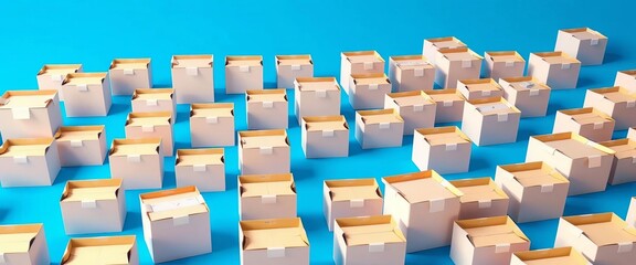 Endless row of identical white cardboard boxes on a vibrant blue background, cardboard,  storage