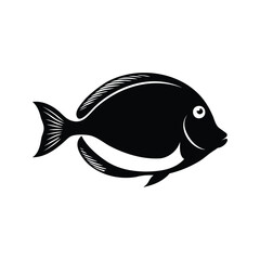 Black and white stylized illustration of a tropical fish swimming right