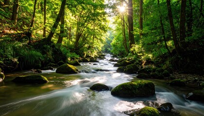 Sunny stream in a lush forest