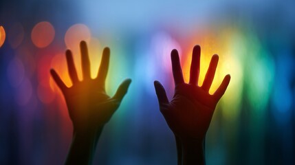 Colorful hands express freedom and joy in a vibrant celebration during dusk at a cultural event
