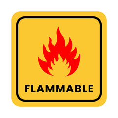 A yellow square sign with rounded corners displaying a red flame and the word flammable at the bottom. Flammable, warning icon png on transparent background.