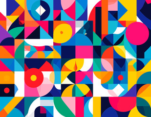 Vibrant Geometric Abstract Pattern with Colorful Circles Triangles and Squares Seamlessly Tiled for Dynamic Design Background