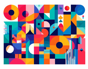 Obraz premium Vibrant Geometric Abstract with Interlocking Shapes in Teal Blue Orange and Pink Colors A Modern Design with Circles Triangles and Squares