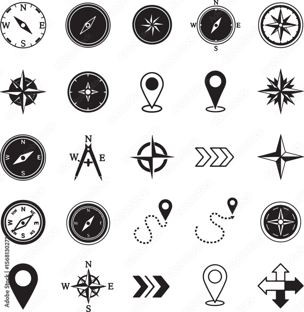 Poster collection of navigational symbols including compasses location pins and directional arrows vector
