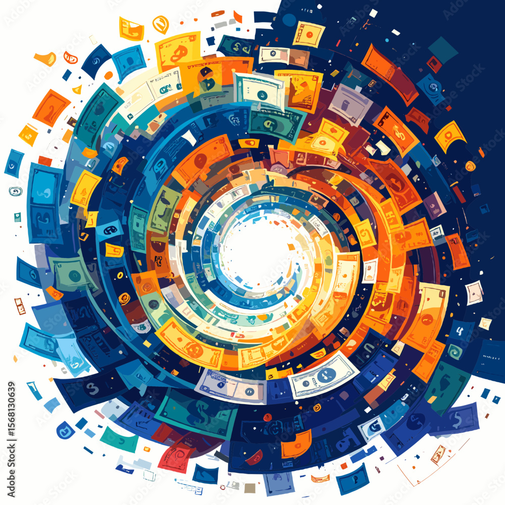 Poster whimsical illustration of flowing currency漩涡漩涡漩涡 with orange and blue漩涡漩涡漩涡 color palette漩涡漩涡漩涡 and 