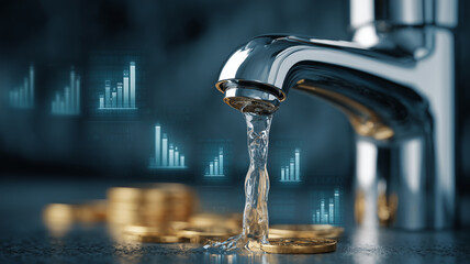 Modern Tap with Digital Overlay and Gold Coins – Smart Utility Concept