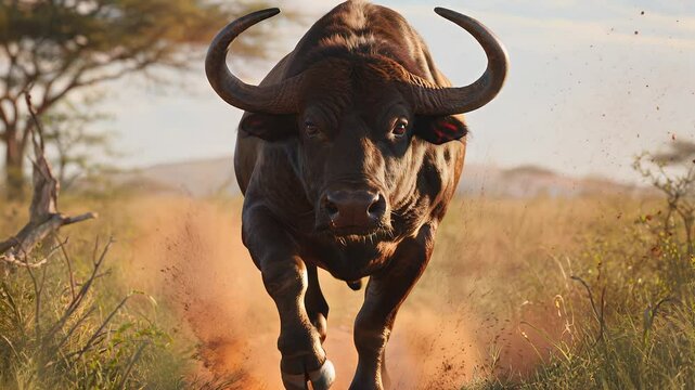 Powerful African buffalo bull charging through the savanna.