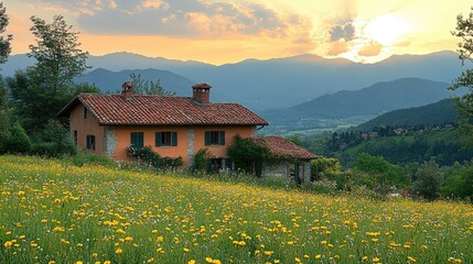 Fototapeta premium Dreamy garden house by the hills with scattered wild blooms and sun-kissed mountain ridges under a calm sky