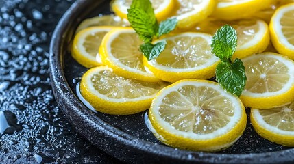 Close-up of sliced lemons arranged on a dark platter.