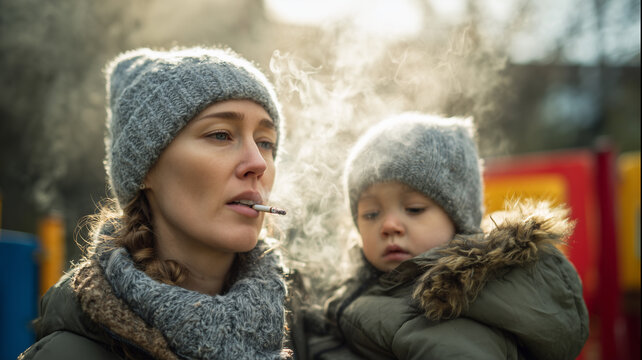 Mother Smoking Near Child in Outdoor Playground &ndash; Passive Smoking Concept