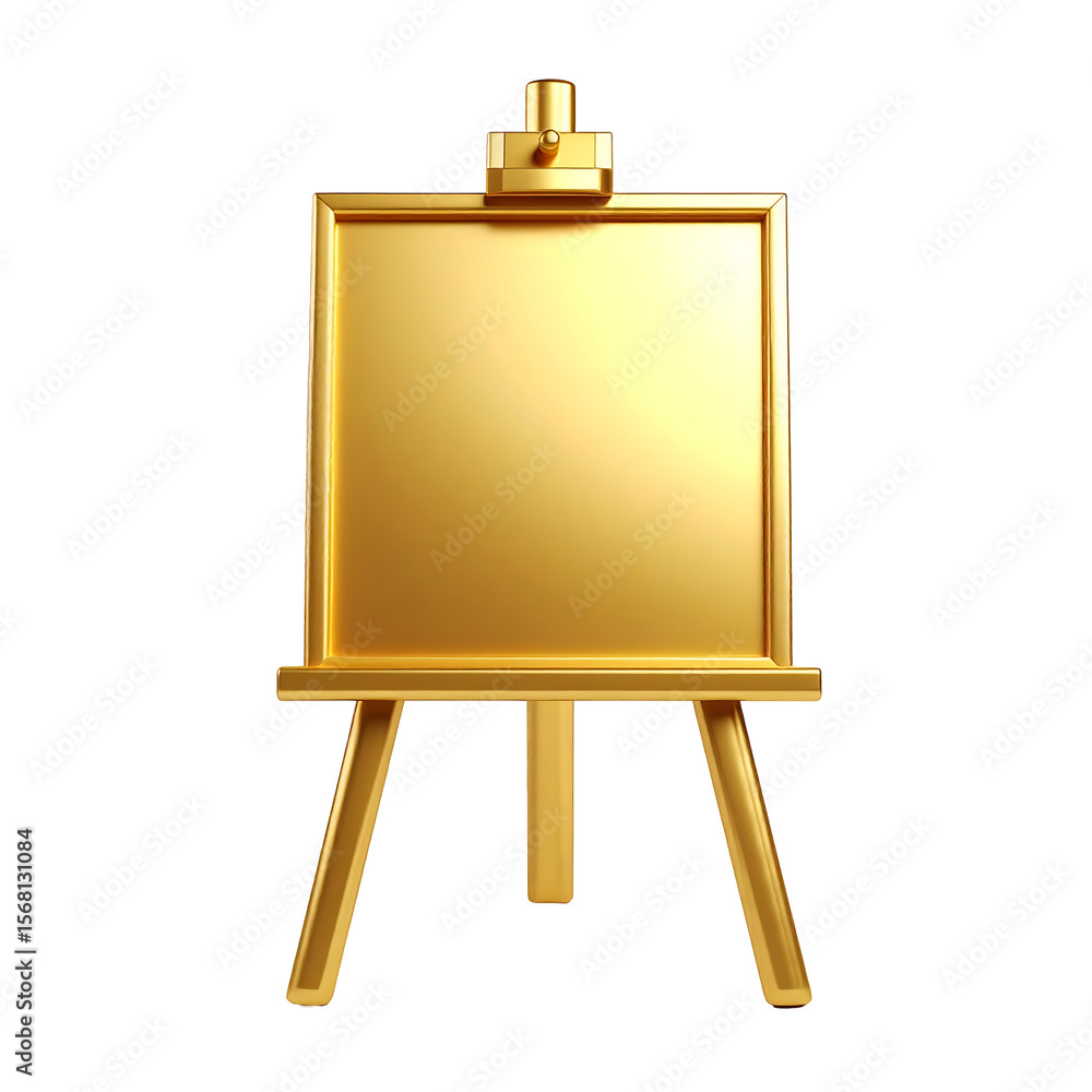 Poster golden 3d sketch easel icon with clean empty frame and stylized base floating