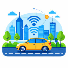 Yellow Car Driving Through a Modern City with Wireless Connectivity in Blue Tones Under a Sunny Sky Graphic Vector Illustration