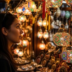 Hispanic female adult shopping in colorful lantern market