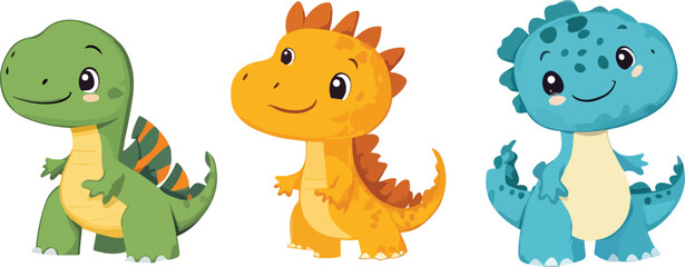 Naklejka premium Three Cute Cartoon Dinosaurs Standing Together on a White Background Happy and Smiling