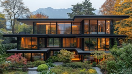 Obraz premium Modern garden house with glass windows reflecting nearby forest and mountains, surrounded by well-kept plants in natural daylight