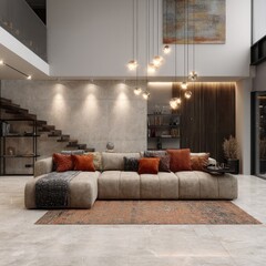 Spacious modern living area with neutral tones and warm accents