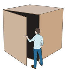 A man opens a cube and looks inside. Conceptual illustration.