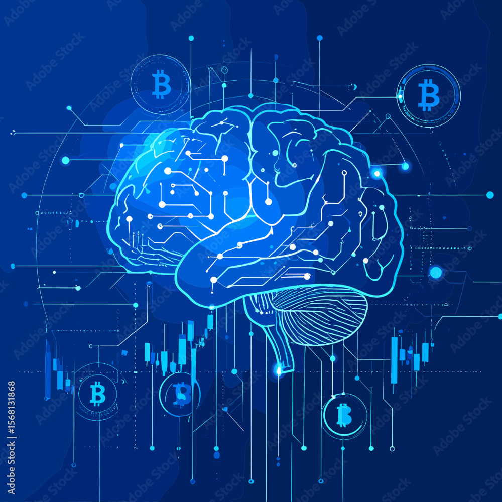 Poster abstract blue digital brain circuit board with bitcoin symbols represents artificial intelligence te