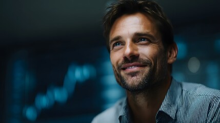 Confident investor examining rising chart in office setting