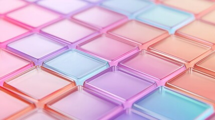 Close-up of transparent square tiles in pastel shades of pink, blue, and purple arranged in a grid pattern with soft lighting.