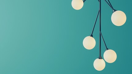 A modern ceiling light fixture with five spherical bulbs hangs against a smooth teal wall, showcasing minimalist and contemporary interior design.
