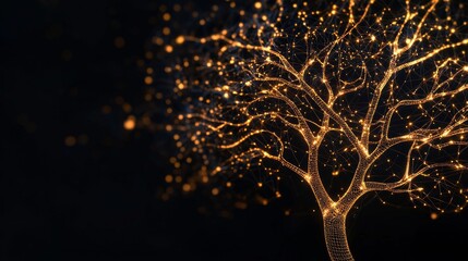 A glowing tree composed of golden light particles shines brightly against a dark background, creating an ethereal and magical atmosphere.