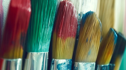 Fototapeta premium Colorful paintbrushes waiting to inspire creativity and artistic expression. Tools for colorful works of art.