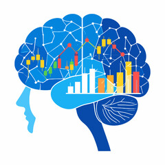 Abstract Brain with Stock Market Graph and Data Bars in Blue Theme for Financial Analysis and Investment Strategies