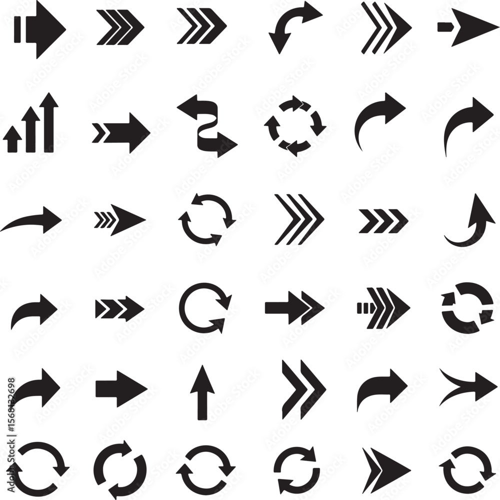 Poster collection of various black directional and circular arrows movement navigation