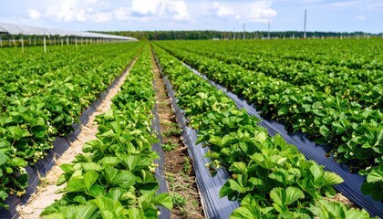 Strawberry plants in rows under plastic